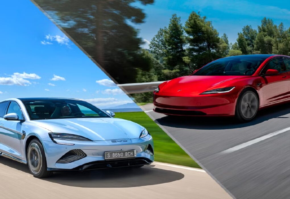 Tesla and BYD electric vehicles representing competition in the global EV market