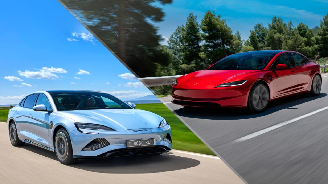 Tesla and BYD electric vehicles representing competition in the global EV market
