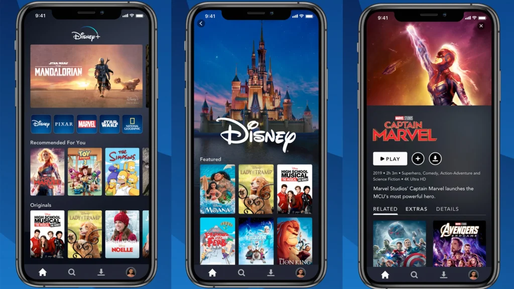 Disney Plus app layout organized by content categories