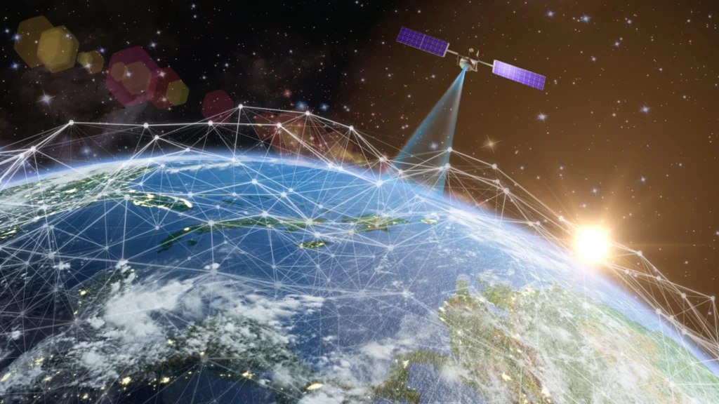 Illustration of low-Earth orbit satellites enabling global communication networks